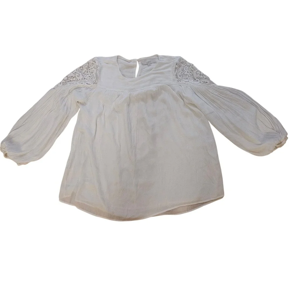 🤍 LOFT Cream Lace Shoulder‎ Peasant Blouse – Size M